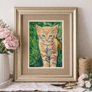 Vtg Framed Ginger Tabby Cat Portrait Orange Kitten Pastel Art 14.5x17.5 1990s